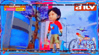 a cartoon of a boy standing in front of a building with antv logo in the corner