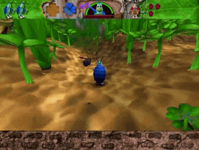 a screenshot of a video game with a blue ball on the ground