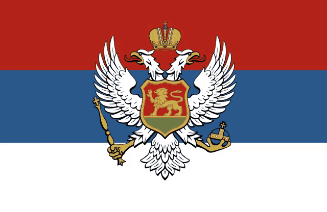 a red white and blue flag with a shield with a lion and a cross on it