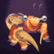 a cartoon crab with a turtle on its back and a long claws