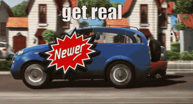 a blue car with a newer sticker on the side