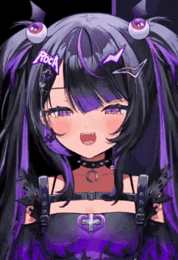 a girl with purple hair is wearing a choker and has a sticker on her head that says rock