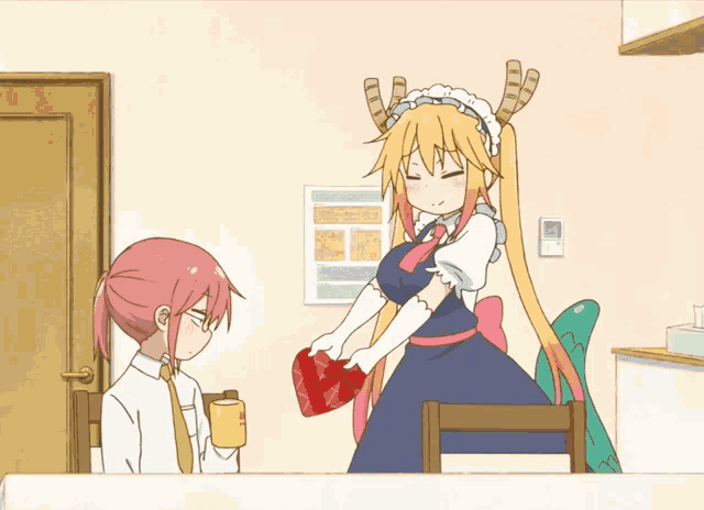 two anime characters are sitting at a table with hearts surrounding them