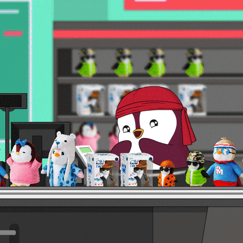 a penguin wearing a red bandana stands behind a counter with stuffed animals