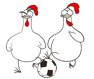 a cartoon of two chickens playing soccer with a ball