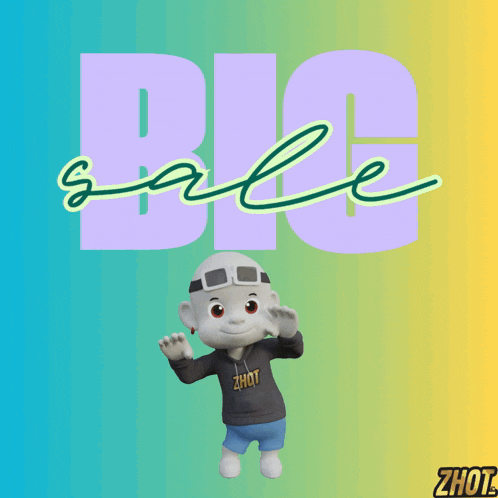 a cartoon character is standing in front of a sign that says " big sale "