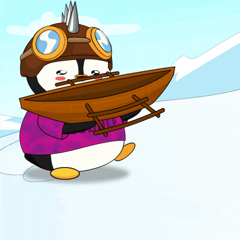a cartoon penguin wearing a helmet and goggles is carrying a boat