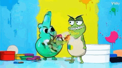 two cartoon characters are standing next to each other in front of a wall covered in paint .
