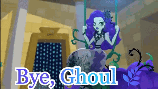 a cartoon of a girl on a swing with the words bye ghoul above her