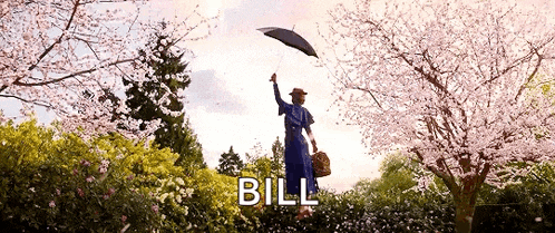 a woman in a blue dress is holding an umbrella in a garden and the name bill is on the bottom