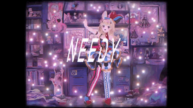 a painting of a girl in a clown costume with the word needy in white letters