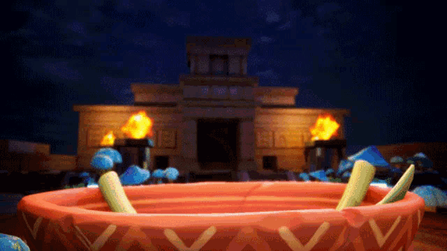 a video game scene with a pyramid in the background and a bowl of food