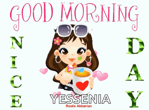 a cartoon girl is holding a cup of coffee and says good morning nice day