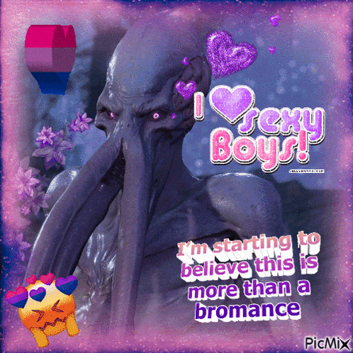 a picture of a monster with the words " i love sexy boys " on it