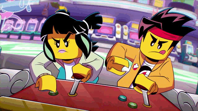 a boy and a girl are playing a video game with buttons