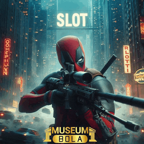 a poster of deadpool holding a sniper rifle in front of a slot sign