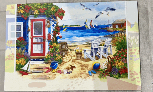 a painting of a beach with a welcome sign
