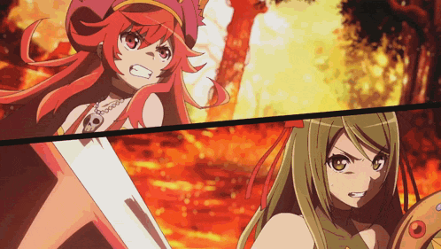 a girl with red hair is holding a sword while another girl with green hair is holding a shield