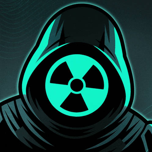 a person in a hood with a nuclear symbol on their face