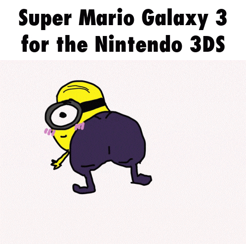 a cartoon drawing of a minion with the words super mario galaxy 3 for the nintendo 3ds below it
