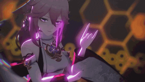 a girl with purple eyes and a white tail is making a devil horns gesture .