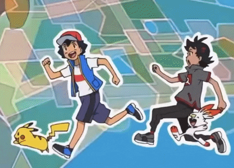 a cartoon of two boys and a pikachu running in a park .