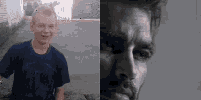 a young boy is smiling next to a black and white photo of a man with a beard .