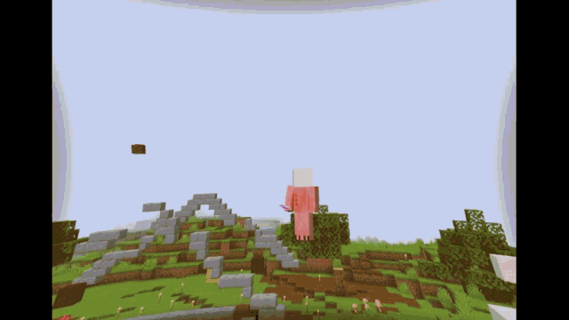 a person in a pink outfit is standing on a hill in a minecraft world