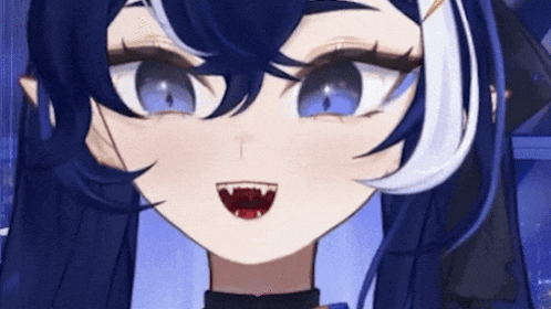 a close up of a anime girl 's face with blue and white hair and fangs .