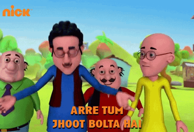 a group of cartoon characters are standing next to each other with the words arre tum jhoot bolta hai written in orange