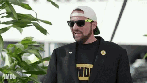 a man with a beard wearing sunglasses and a hat is standing in front of a tree .
