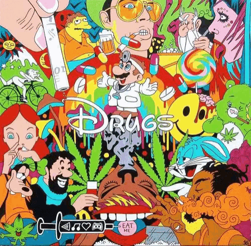 a colorful poster with the words drugs and eat me