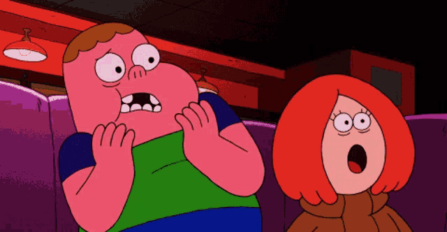 a cartoon character with a surprised look on his face next to another character