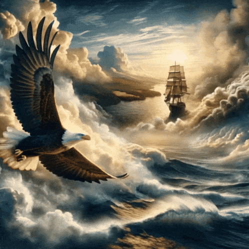 a bald eagle is flying over the ocean with a ship in the distance