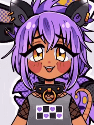 a cartoon girl with purple hair and cat ears is smiling and wearing a collar .