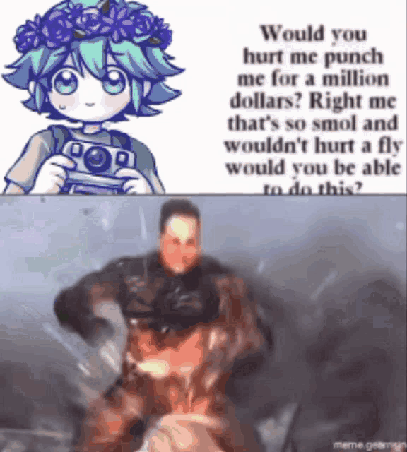 a picture of a girl holding a camera next to a picture of a man in a muscle suit