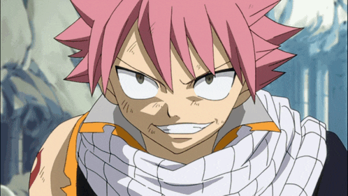 a cartoon character with a scarf around his neck and pink hair
