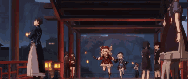 a couple of anime characters standing next to each other on a bridge