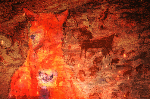 a painting of animals on a wall with flames coming out of the bottom