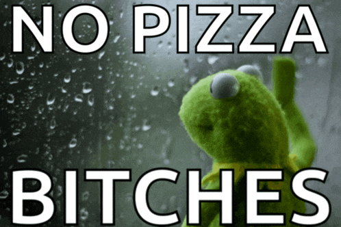 a kermit the frog looking out a window with the words no pizza bitches below him