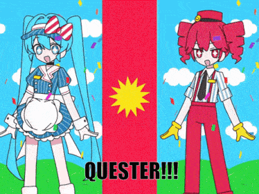 a cartoon drawing of a maid and a mcdonald 's employee with the words quester !!! on the bottom