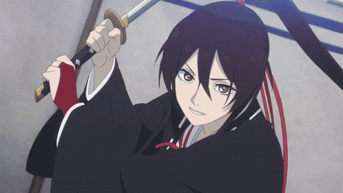 a girl with long black hair is holding a sword over her head