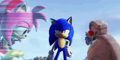 sonic the hedgehog and amy rose are standing next to each other .
