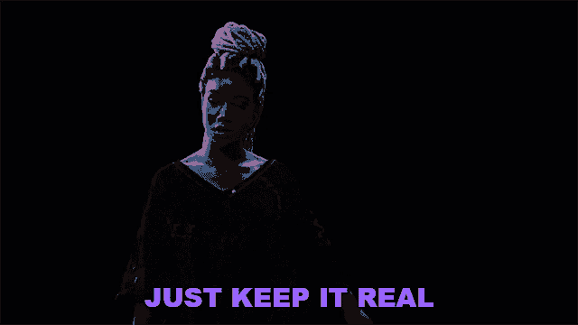 a woman in a blue shirt with the words just keep it real below her