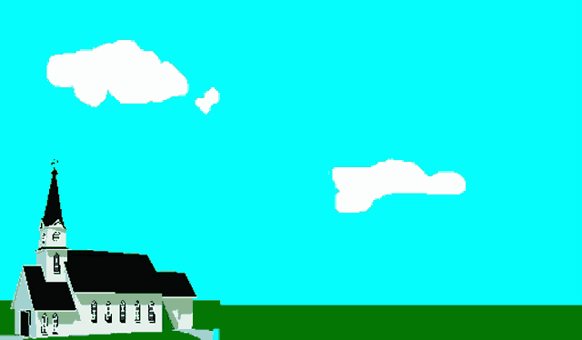 hello kitty is flying over a church with a blue sky