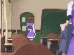 a girl in a purple dress stands in a classroom with a green board behind her