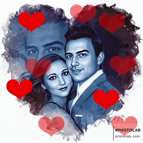 a painting of a man and a woman with hearts around them