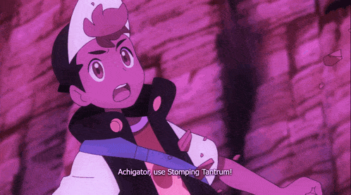 a purple cartoon character says achigator use stomping tantrum