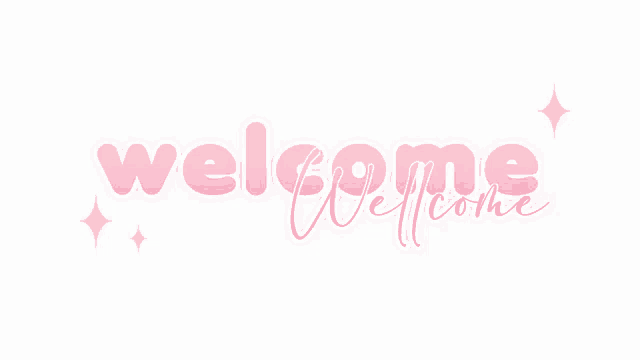 a pink welcome sign with sparkles on a white background