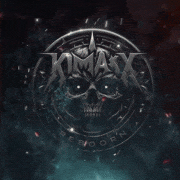 a logo for kimax reborn with a red skull